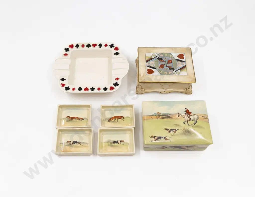 RD Hunting Scene Cigarette Box with Matching Four Dishes Queen of Hearts Box & Other Ashtray Image 1++