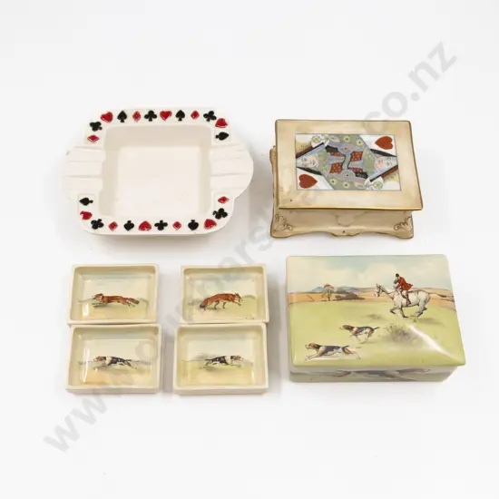 RD Hunting Scene Cigarette Box with Matching Four Dishes Queen of Hearts Box & Other Ashtray