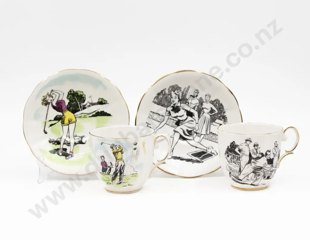 Two Royal Albert Novelty Print Golfing Breakfast Teacup & Saucers Image 1++