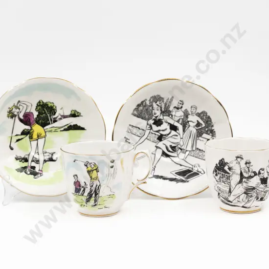 Two Royal Albert Novelty Print Golfing Breakfast Teacup & Saucers