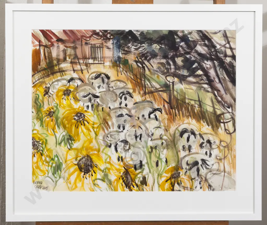 Richard Chrisp - Sunflowers & Suffolk Sheep - Coromandel Image 1++