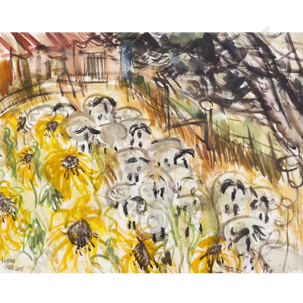 Richard Chrisp - Sunflowers & Suffolk Sheep - Coromandel Image 1++