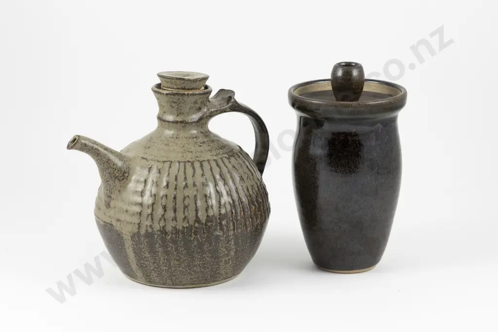 Frederika Ernstein Lidded Vase & NZ Pottery Wine Flagon Image 1++