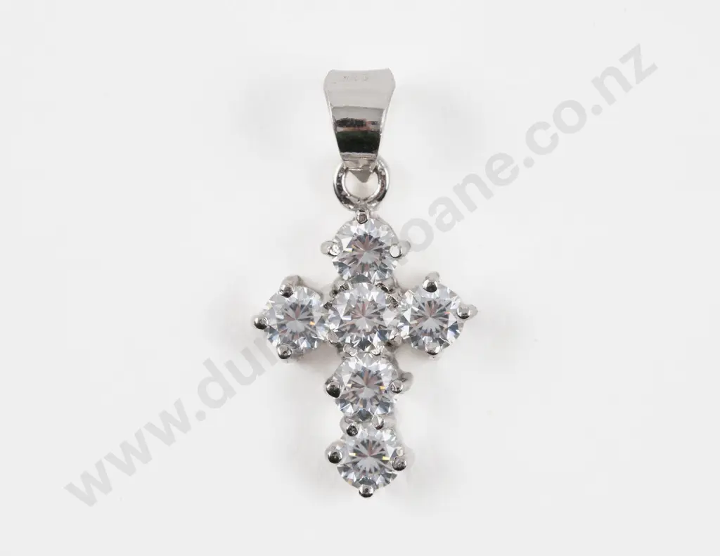 14ct White Gold Six Stone Cubic Zirconia Cross Pendant Image 1++
