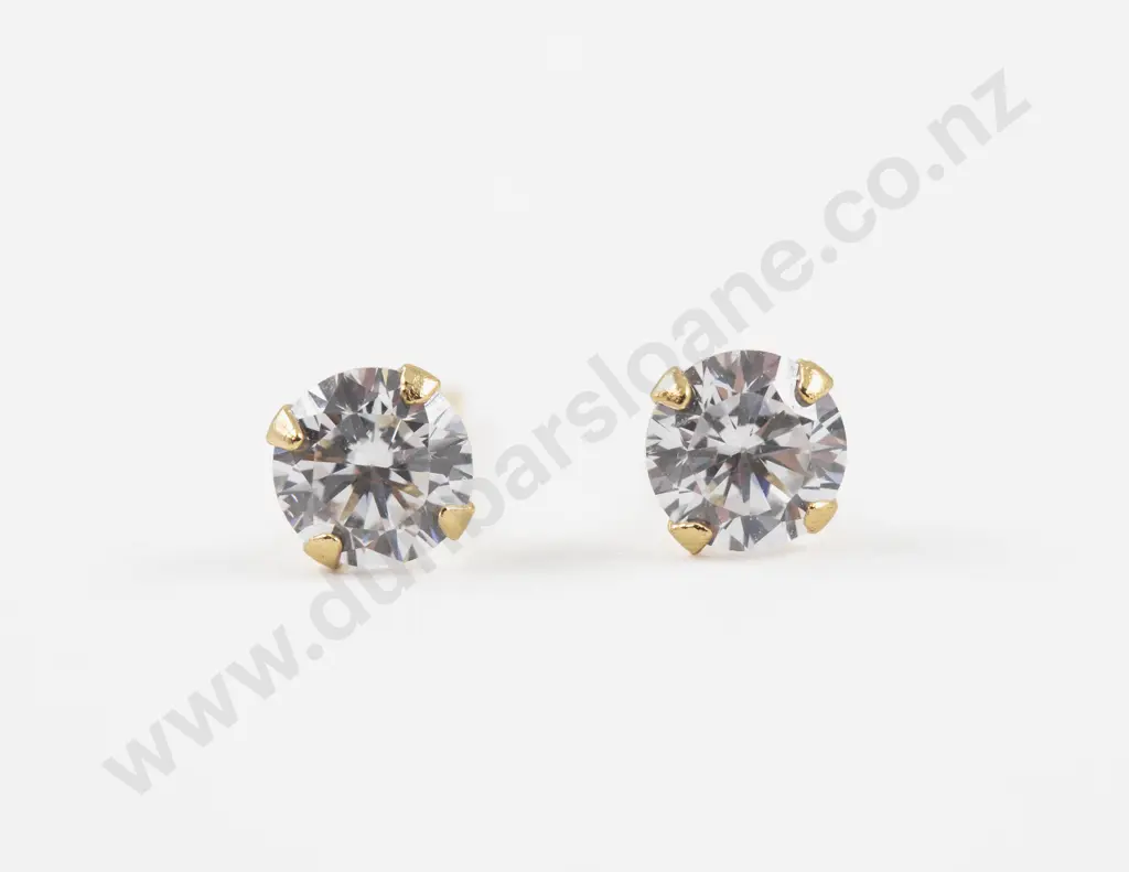 Pair .925 Silver Gilt Single Stone Cubic Zirconia Stud Earrings Image 1++