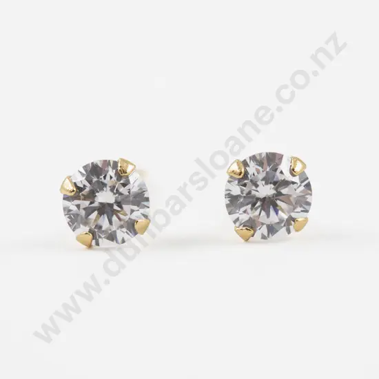 Pair .925 Silver Gilt Single Stone Cubic Zirconia Stud Earrings