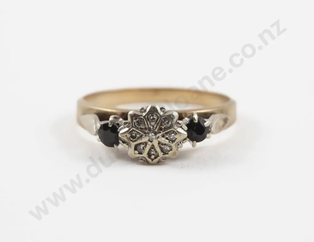 9ct Ten Stone Diamond and Sapphire Floret Cluster Ring Image 1++