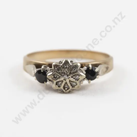 9ct Ten Stone Diamond and Sapphire Floret Cluster Ring