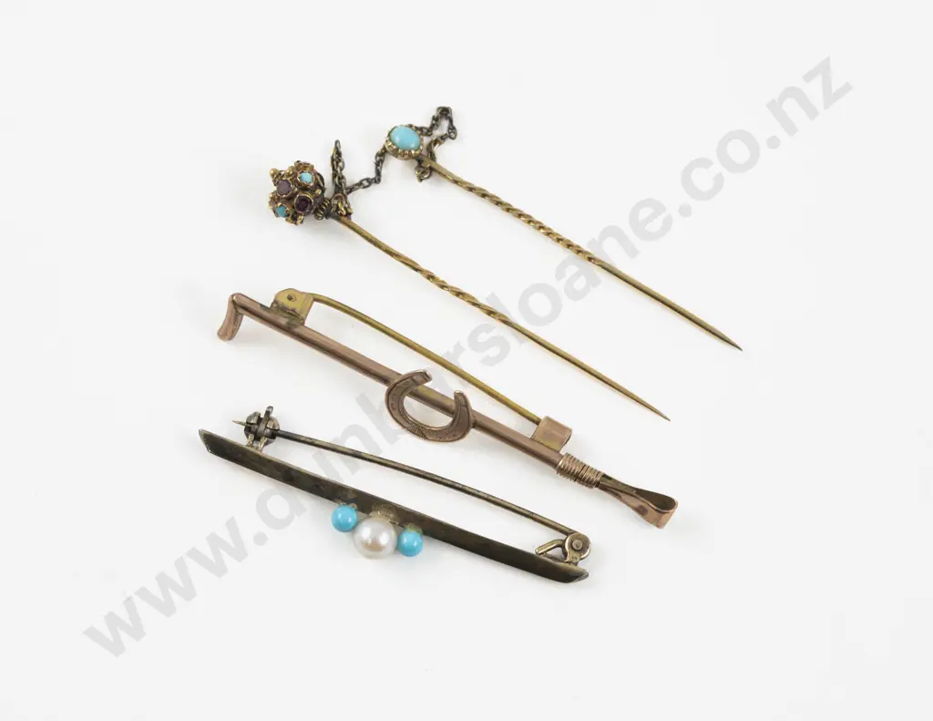 Victorian 9ct Horse Shoe Bar Brooch and 9ct Turquoise Double Stick Pin Image 1++