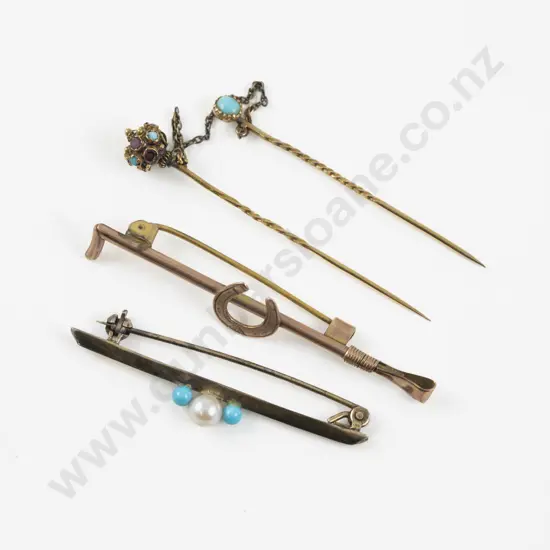 Victorian 9ct Horse Shoe Bar Brooch and 9ct Turquoise Double Stick Pin