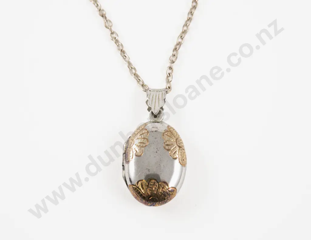 S/S and Gold Plated Floral Pattern Oval Photo Locket Image 1++