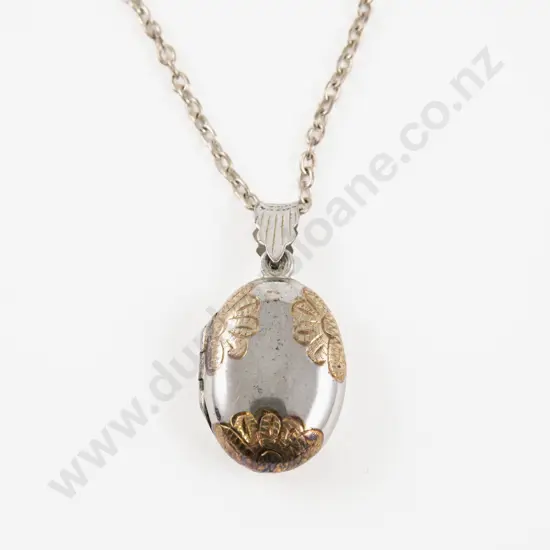 S/S and Gold Plated Floral Pattern Oval Photo Locket