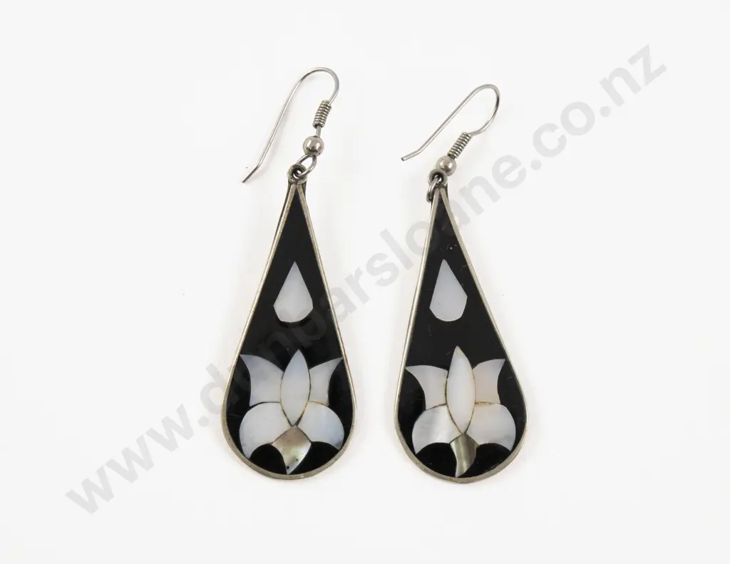 Mexican Alpaca Enamel and MOP Floral Pendant Drop Earrings Image 1++