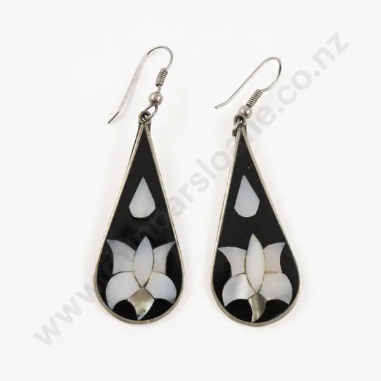 Mexican Alpaca Enamel and MOP Floral Pendant Drop Earrings