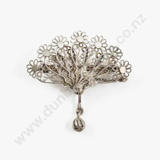 Vintage .800 Silver Filigree Floral Fan Brooch