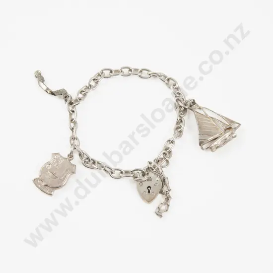 S/S Curb Link Bracelet with Heart Padlock Clasp and Three Charms