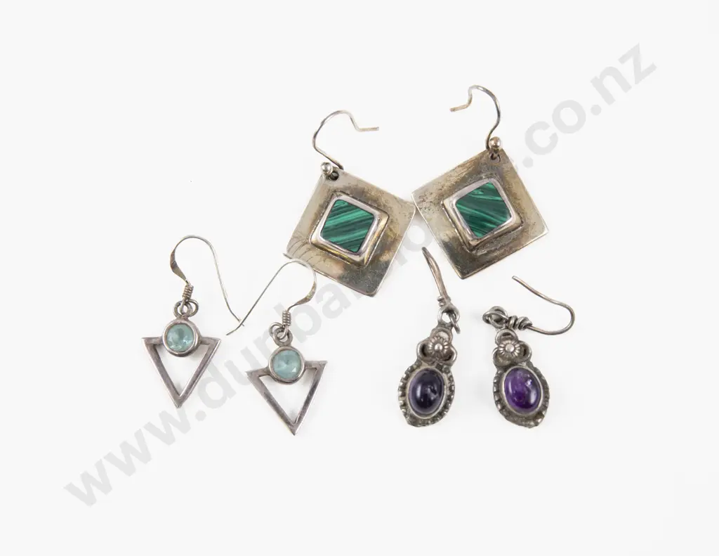 Three Pairs of S/S Gem Set Pendant Drop Earrings Image 1++