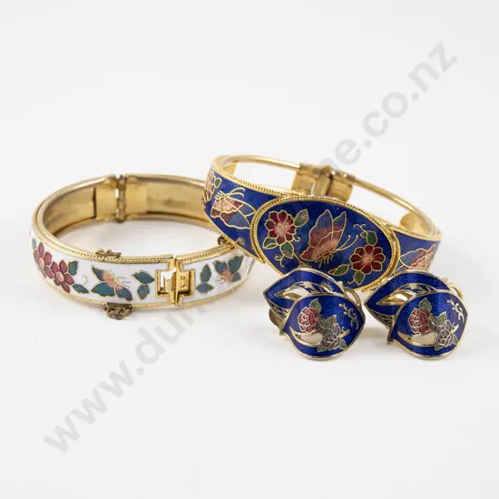 Two Vintage Cloisonne Enamel Bangles with Pair of Earrings