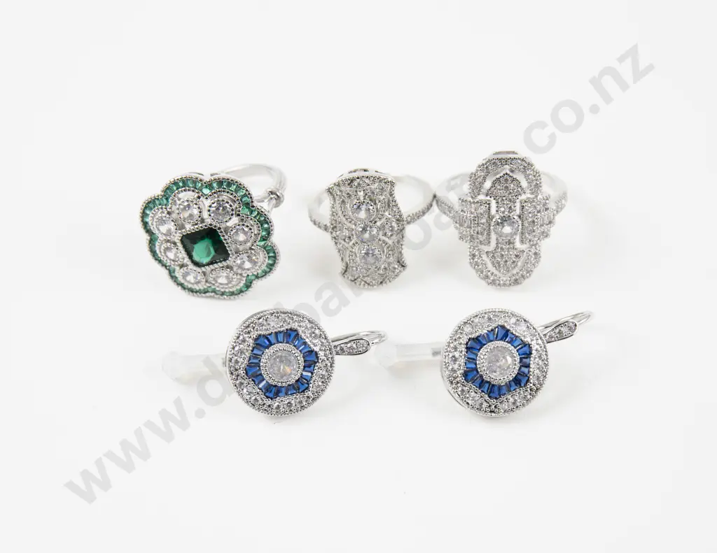 Three Costume Jewellery Art Deco Style Gem Set Dress Rings and Pair Earrings Image 1++