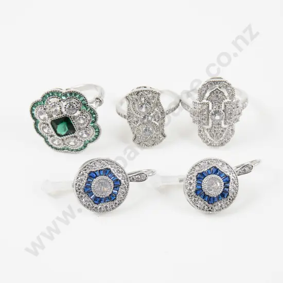 Three Costume Jewellery Art Deco Style Gem Set Dress Rings and Pair Earrings
