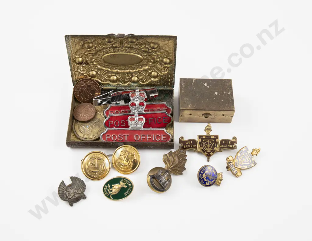 Collection of Assorted Badges in Brass Trinket Box and Other Image 1++