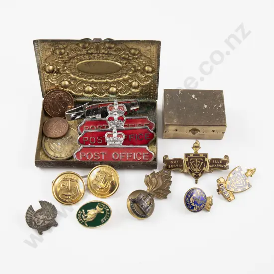 Collection of Assorted Badges in Brass Trinket Box and Other