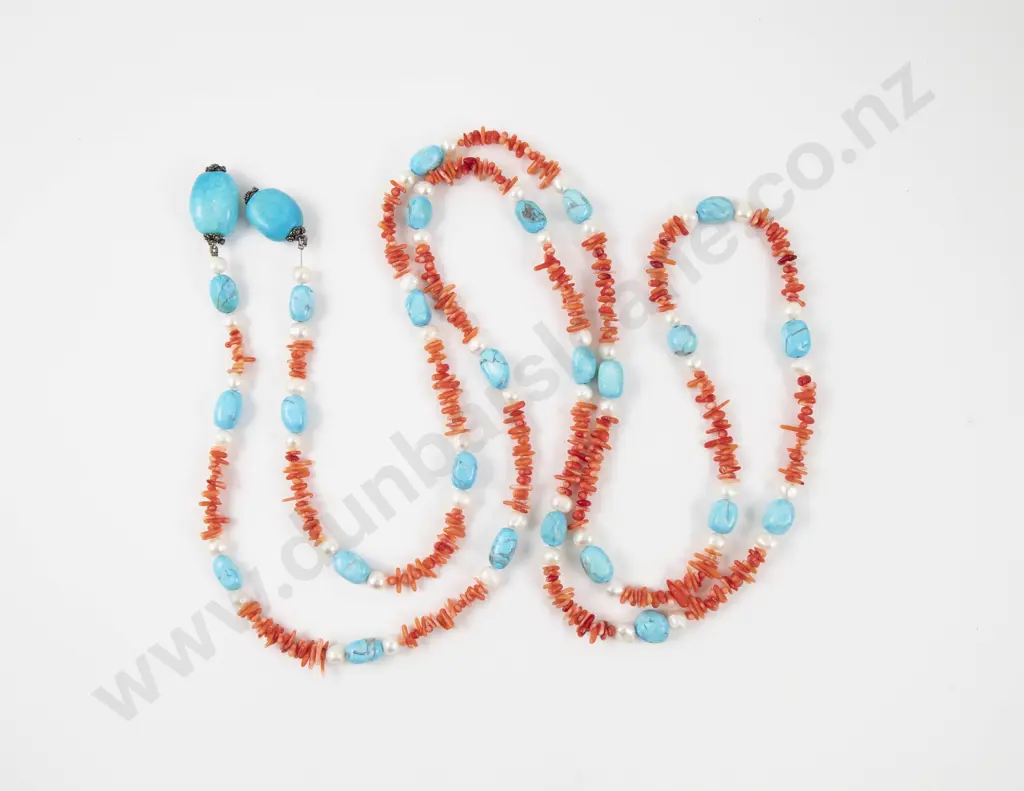 Single Strand Coral Turquoise and Fresh Water Pearl Sautior Necklace Image 1++
