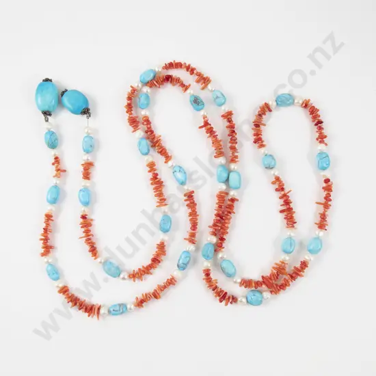 Single Strand Coral Turquoise and Fresh Water Pearl Sautior Necklace