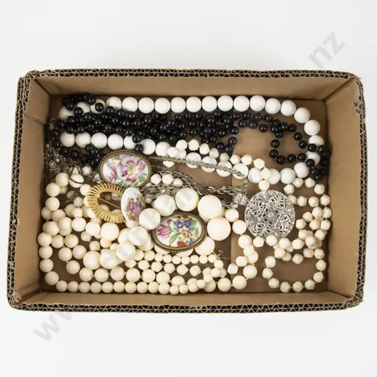 Three Limoges Brooches with Collection of Assorted Beaded Necklaces