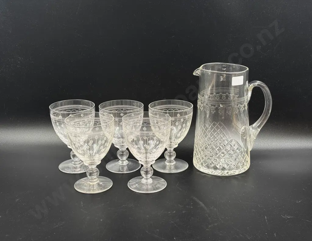 Five Stuart Crystal Etched Goblets together with Associated Jug Image 1++