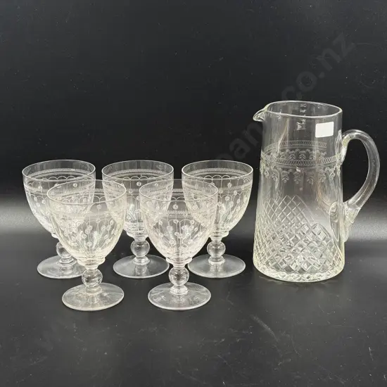 Five Stuart Crystal Etched Goblets together with Associated Jug