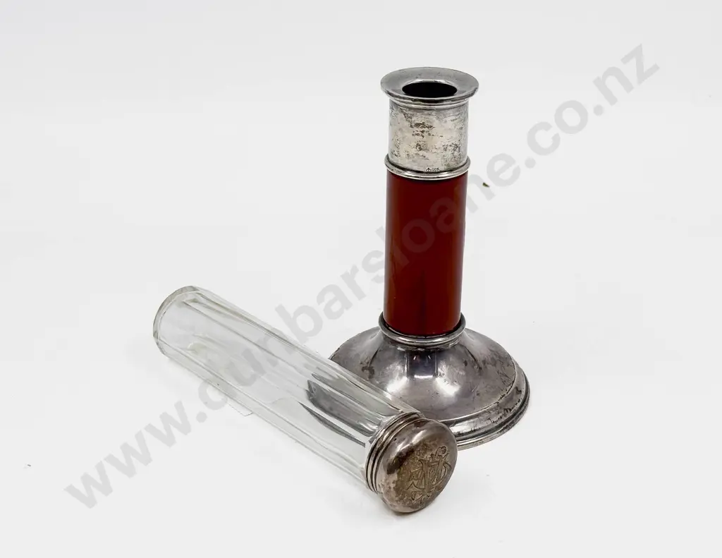 C E Kayser .925 Candlestick together with S/S Topped Vanity Jar Image 1++