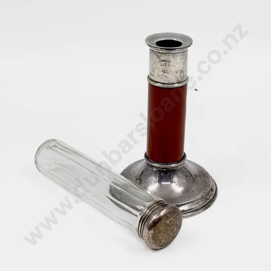 C E Kayser .925 Candlestick together with S/S Topped Vanity Jar
