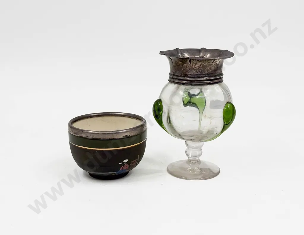 An Art Nouveau Art Glass Vase with Large S/S Collar together with Small S/S Rimmed Sugar Bowl Image 1++