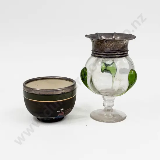 An Art Nouveau Art Glass Vase with Large S/S Collar together with Small S/S Rimmed Sugar Bowl