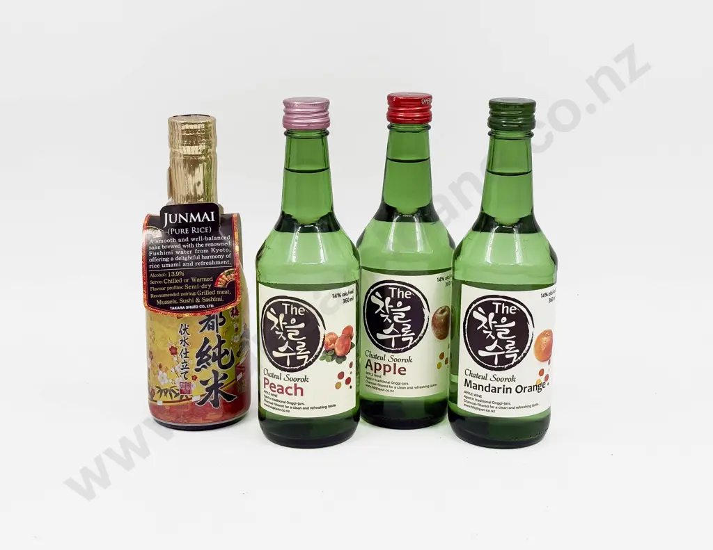 1 bottle Japanese Shochikuba Kyoto Fushimizujitate Junmai Sake & 3 x Asstd Korean Fruit Wines Image 1++