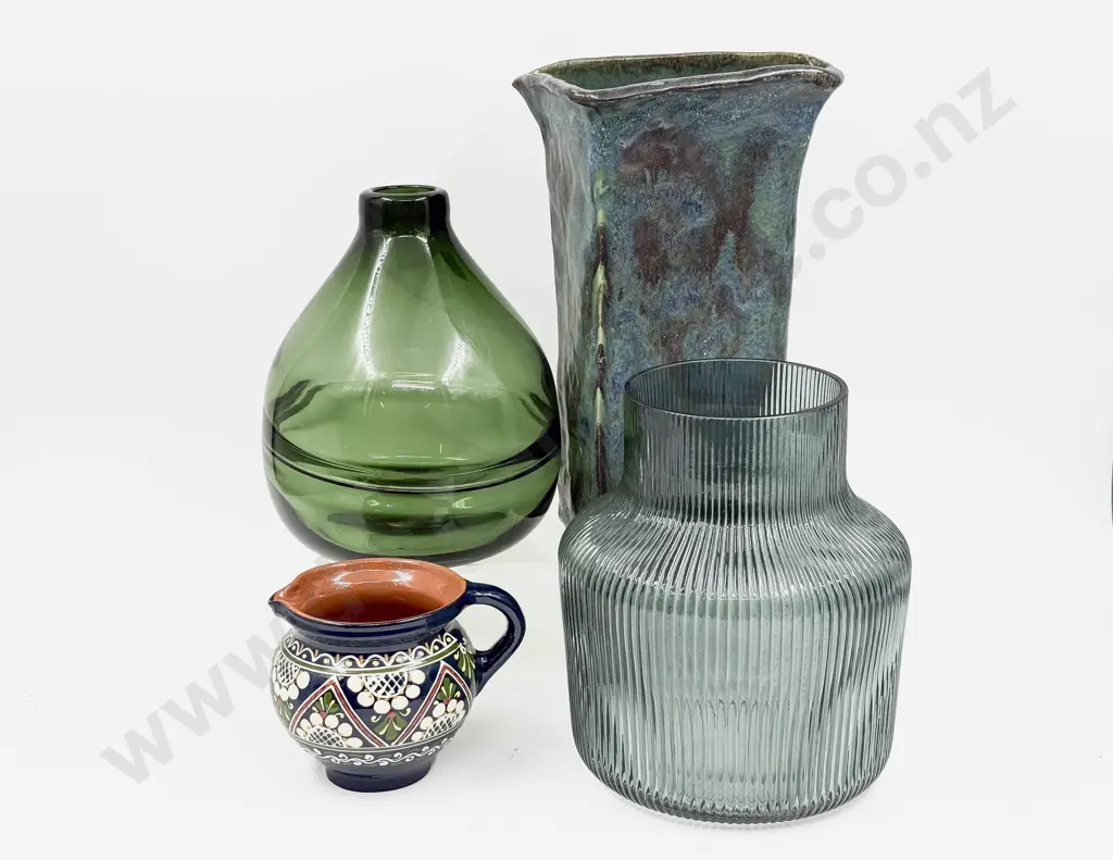 NZ Pottery Vase together with Two Modern Glass Vases & Other Image 1++
