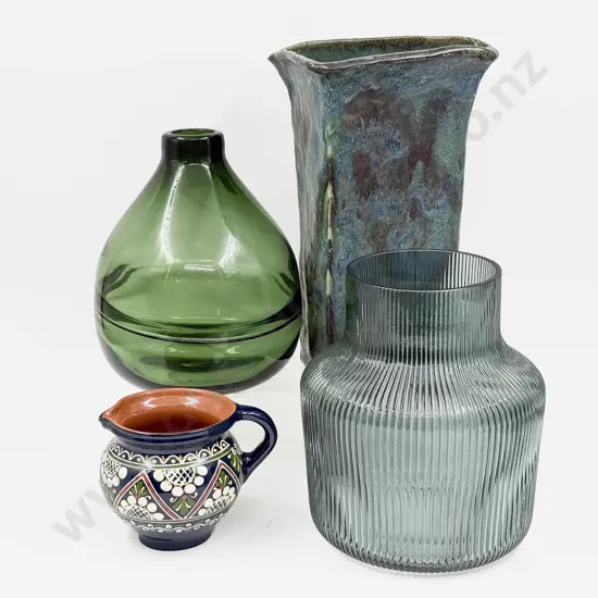 NZ Pottery Vase together with Two Modern Glass Vases & Other