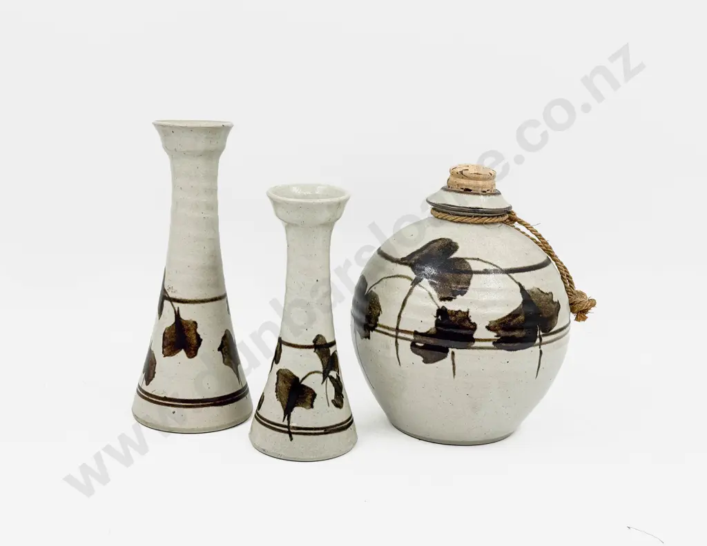 Royce McGlashen Stoppered Pottery Bottle together with Graduated Pair of Vases Image 1++