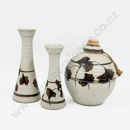 Royce McGlashen Stoppered Pottery Bottle together with Graduated Pair of Vases