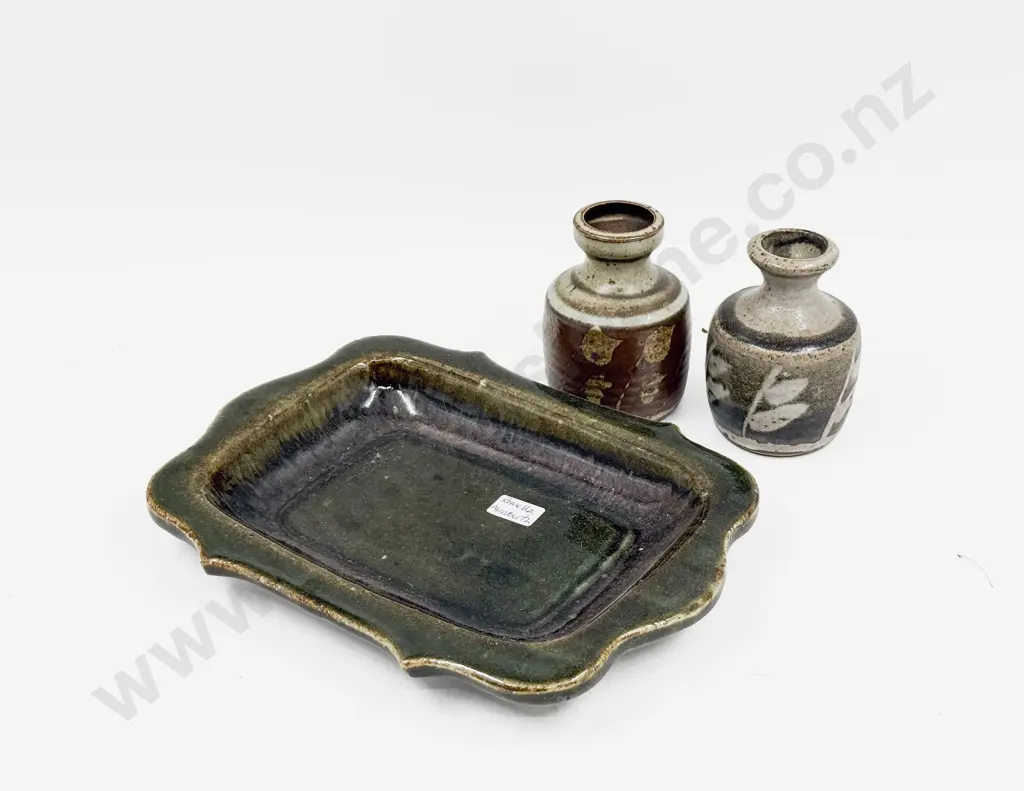 Pamela Annsouth Pottery Dish together with Two Pottery Bottle Vases Image 1++
