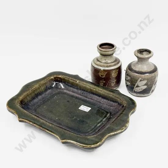 Pamela Annsouth Pottery Dish together with Two Pottery Bottle Vases