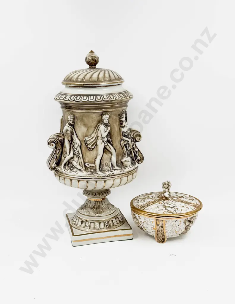 Large Relief Molded Lidded Urn together with Small Lidded Bowl Image 1++