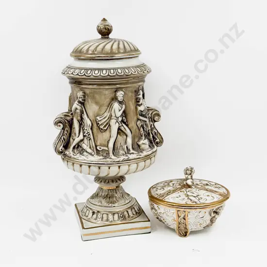 Large Relief Molded Lidded Urn together with Small Lidded Bowl