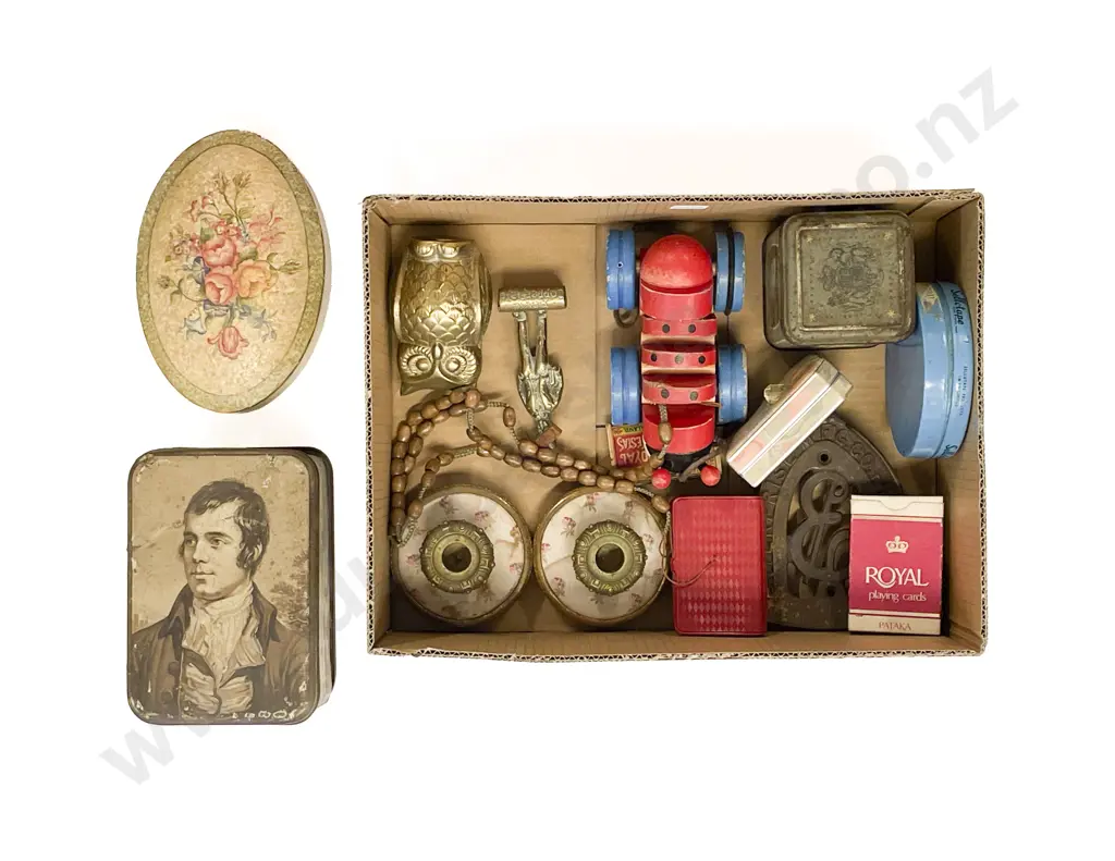 Box Qty of Assorted Vintage incl Brass Owl Tins & Pair of Candle Holders etc Image 1++