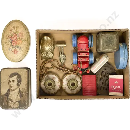 Box Qty of Assorted Vintage incl Brass Owl Tins & Pair of Candle Holders etc
