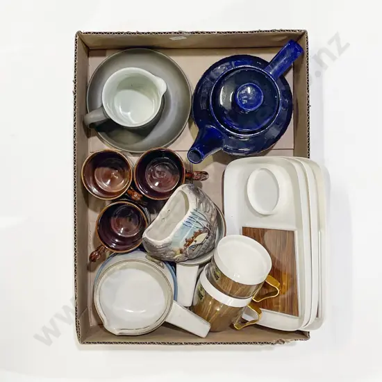 Box Qty of Assorted incl Denby Stoneware & Vintage Plastic Trays & Cups