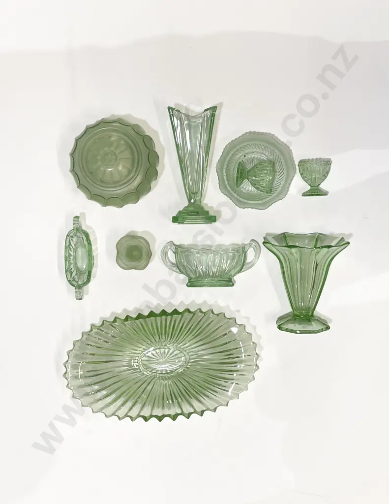 Qty of Assorted Green Pressed Glass Image 1++