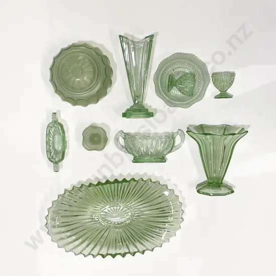 Qty of Assorted Green Pressed Glass
