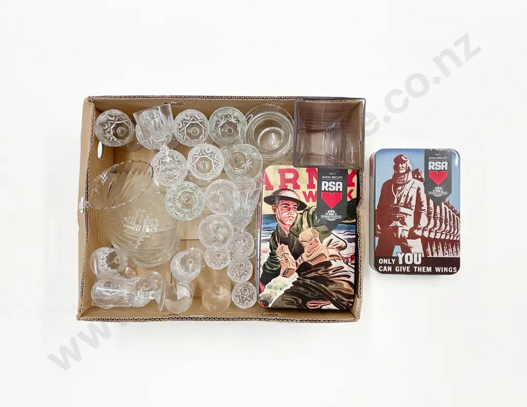 Box Qty of Assorted Glassware together with Four ANZAC Tins Image 1++
